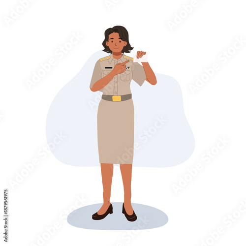 civil servant woman in official uniform showing identification card modern flat illustration