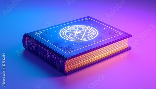 Glowing Digital Book with Illuminated Emblem Against Blue and Purple Background