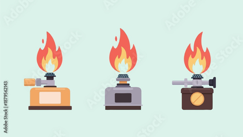 Three flat design illustrated portable camping stoves with flames
