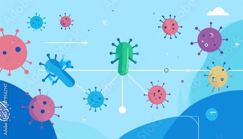Stylized illustration of various colorful microscopic organisms floating in a light blue background with abstract shapes