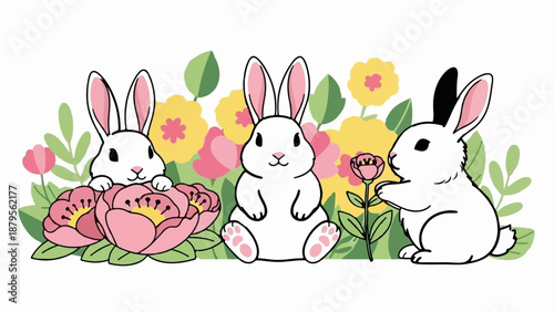 Three fluffy bunnies are surrounded by colorful flowers and green foliage on a white background