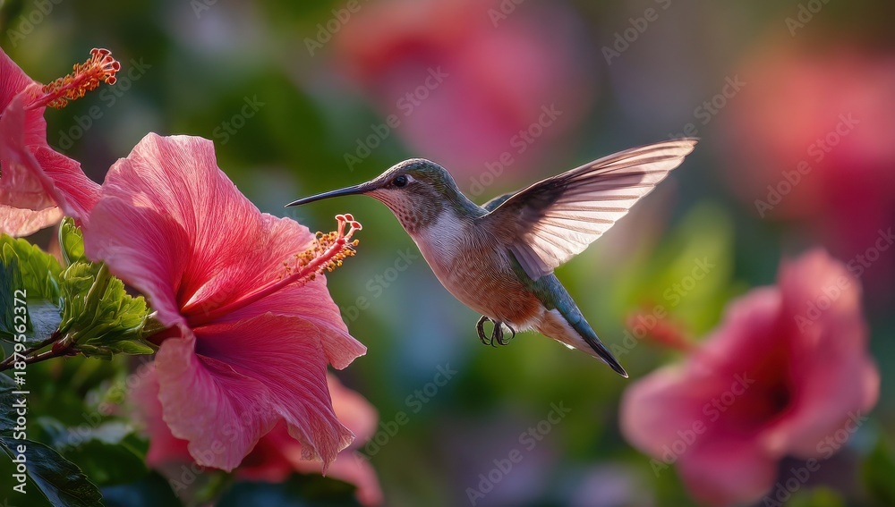 Fototapeta premium A hummingbird is flying over a pink flower
