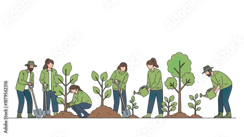 People planting and nurturing trees in a community gardening project