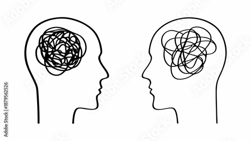 Two human heads in profile with tangled thoughts illustrated in a simple black line art style