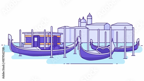 Stylized illustration of Venetian gondolas docked near traditional buildings on water