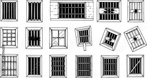 Hand-drawn set of prison and jail windows with bars. Variety of styles including broken, cracked, and damaged designs, some showing escape attempts. Black and white sketch