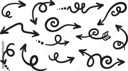 Collection of hand-drawn doodle arrows in various styles and directions, perfect for design elements or pointing indicators.