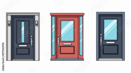 Three front doors, one red with glass panels, and two dark doors with windows