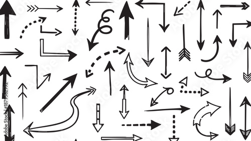 A collection of hand-drawn arrows pointing in various directions and styles, including straight, curved, dotted, and solid lines, on a white background.