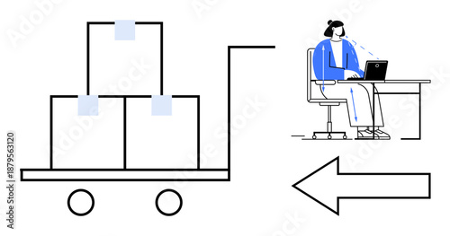 Logistics theme. Logistics with a trolley filled with packages next to a woman working remotely at a computer. Logistics operations, remote work, e-commerce, delivery, supply chain management