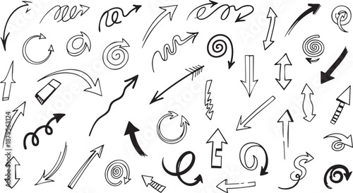 A diverse collection of hand-drawn black arrows pointing in various directions and styles, including curved, straight, spiral, and wavy designs.