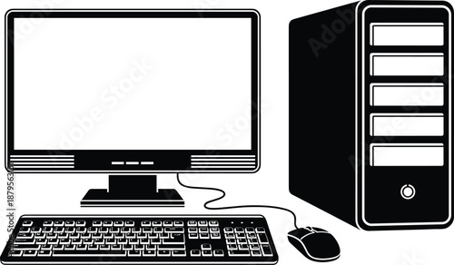 desktop computer illustration, monitor keyboard mouse set, personal pc device graphic, technology equipment silhouette, office workstation vector design