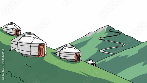 Stylized image of yurts on a grassy mountainside with a winding road
