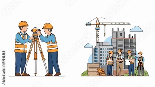 Surveyors measure ground and construction crew works on building site with crane