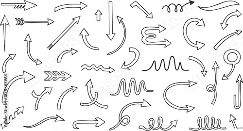 A comprehensive collection of hand-drawn black and white arrows in various styles, directions, and shapes, perfect for graphic design elements and indicators.