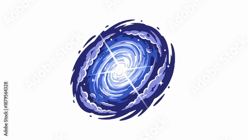 Swirling blue galaxy with bright central light and starry spiral arms