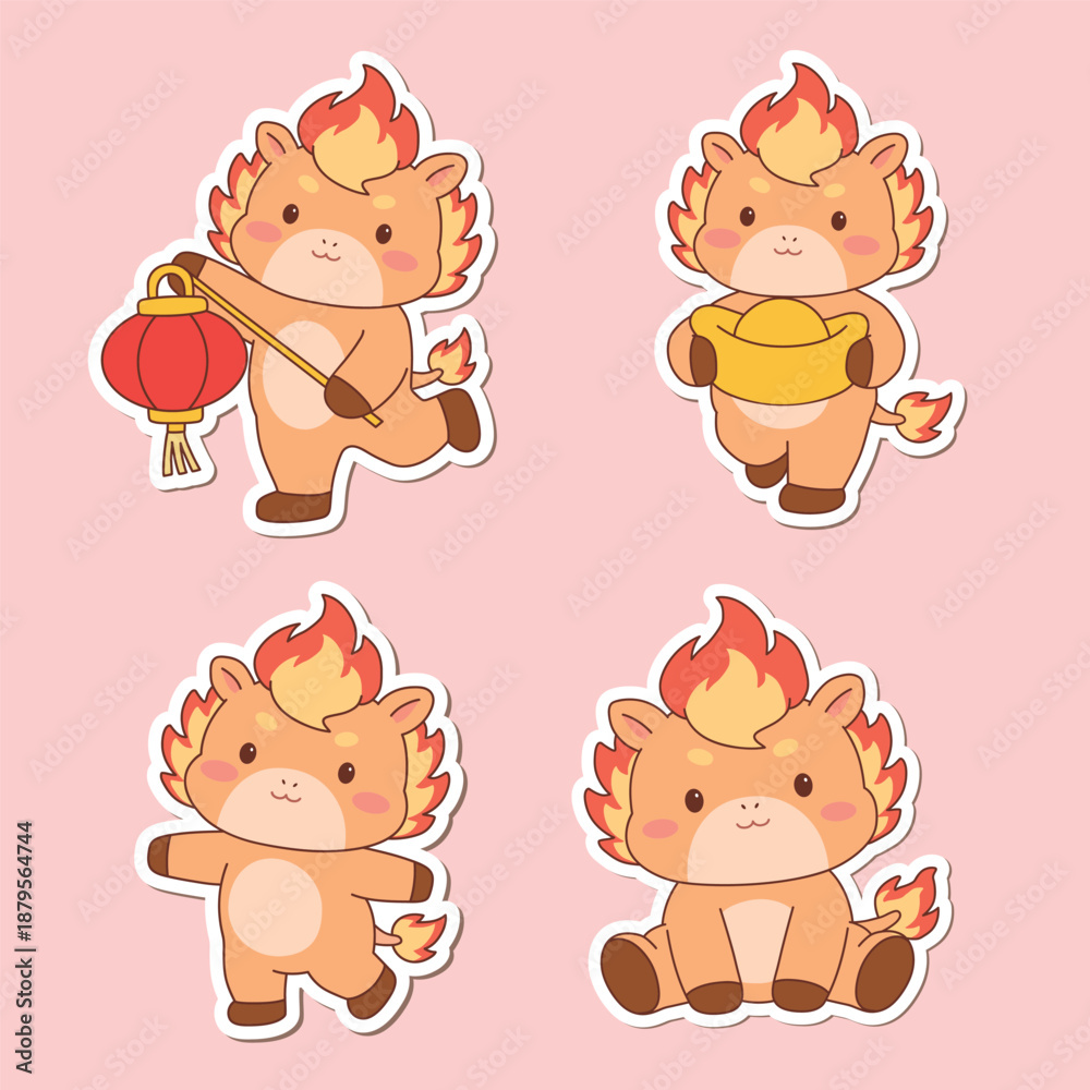 Obraz premium Year of the Fire Horse elements. Cute Chinese New Year sticker sheet, the Horse of Fire theme. Playful Chinese New Year elements sticker collection, Year of the Fire Horse.