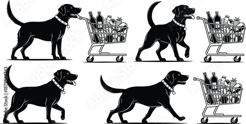 Dog silhouettes pushing shopping carts filled with groceries, playful pet illustration perfect for humor designs, retail concepts, marketing, and creative artwork