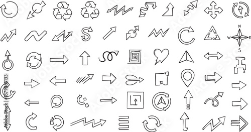 A comprehensive collection of hand-drawn arrow icons and diverse directional symbols, perfect for graphic design projects.