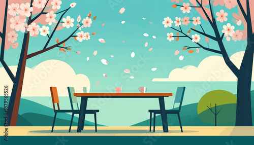 Table with chairs set outdoors under blooming trees with falling petals