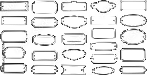 Collection of various blank vintage-style decorative frames, name plates, and labels in different shapes, hand-drawn sketch illustration set.