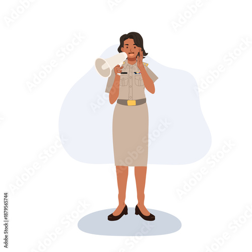 Female government officer in official uniform holding a megaphone, standing and delivering a public announcement