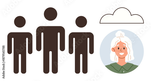 Teamwork, social connection, cloud computing, communication, networking, individuality. Three figures beside a cloudy symbol and a persona illustration. Teamwork and communication concept