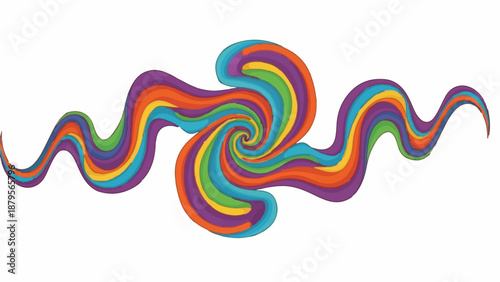 Swirling rainbow ribbons create an abstract, dynamic, and colorful design with a central vortex