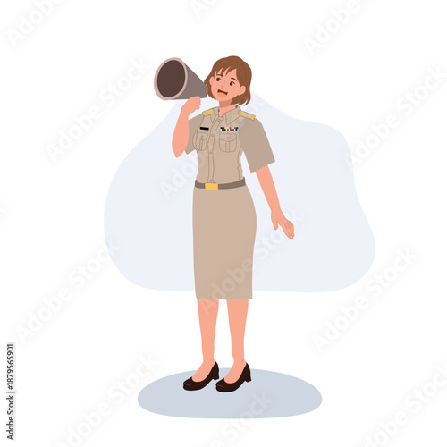 female government officer making public announcement with megaphone