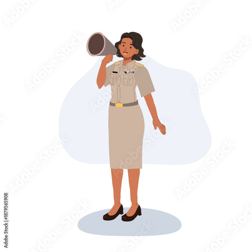 government employee woman in official uniform speaking through megaphone