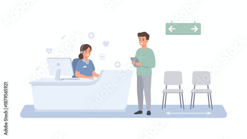 Patient checking in at a clinic reception desk with a receptionist, showing social distancing measures.