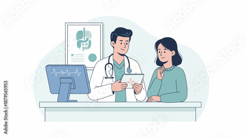 Doctor consulting with a female patient in a medical office with a heartbeat monitor and anatomical chart.