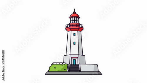 Tall, white tower with red accents and windows, stands on a grey base with steps and greenery