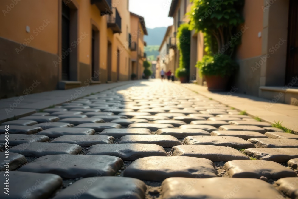 Obraz premium Cobblestone Street Pathway in a Sunny Old Town, Leading to a Distant View