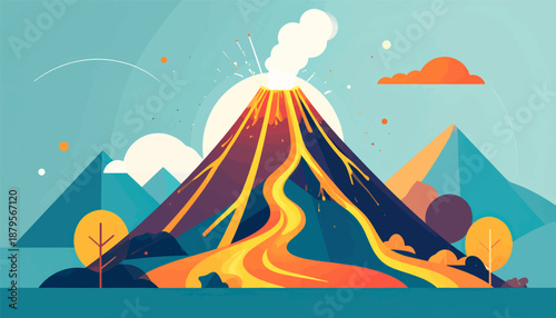 Stylized volcanic eruption with lava flowing down a mountain amidst geometric landscape