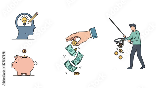 Financial literacy and investment concepts with money and ideas.