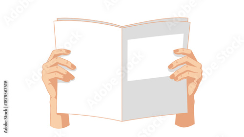 Hands holding an open book or magazine with blank pages.