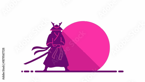 Stylized warrior in traditional attire stands before a large, vibrant circle