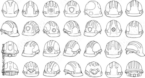 Hard Hat Icon Set: Construction Worker Safety Gear in Line Art