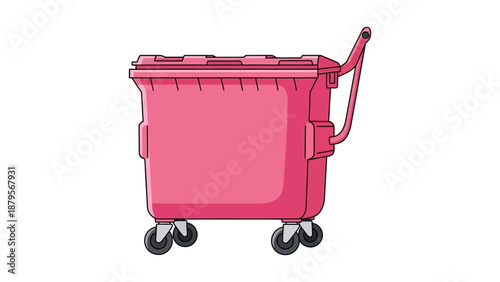 Pink dumpster with wheels and handle on a white background.