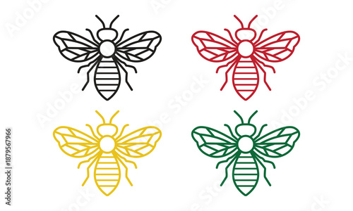 Bee Icon Set in Multiple Colors Line Art Style Isolated on White Background