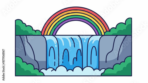 Stylized waterfall cascades with a vibrant rainbow arching over green foliage and rocky cliffs