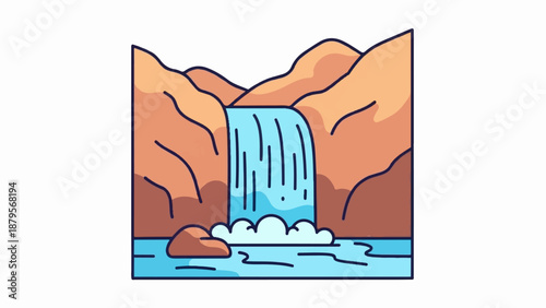 Stylized waterfall cascading into a blue pool amid orange rocky hills