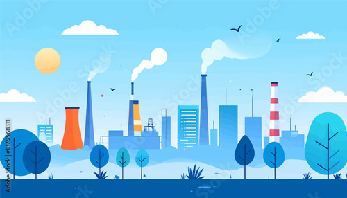 Stylized industrial skyline with smoking chimneys and trees under a bright sun