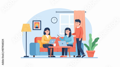 Three individuals collaborate in a bright, modern indoor setting