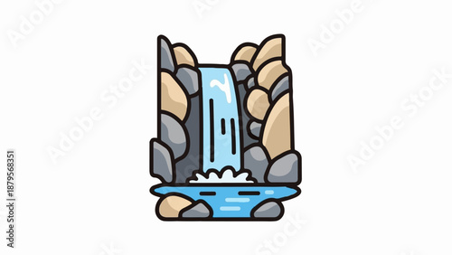 Stylized waterfall cascading over rocks into a blue pool with splashes