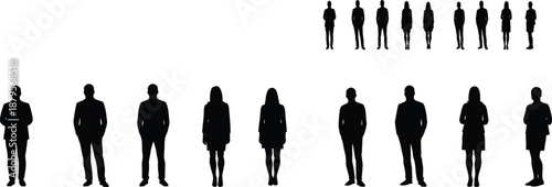 Business silhouettes, professional attire, diverse team, corporate lineup, gender balance, work