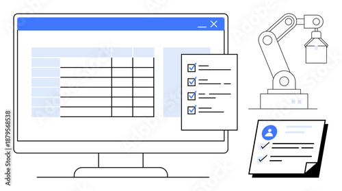 Computer monitor displaying data table, robotic arm beside checklist and user profile document. Ideal for technology, automation, task management, industry, workflow, efficiency data processing. A