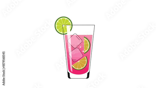 Refreshing Pink Drink with Lime Slices and Ice Cubes.