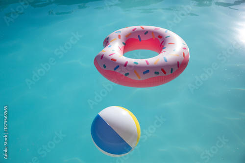 Cuadro en lienzo Pink donut float hovering on pool with striped ball under reflecting sunlight